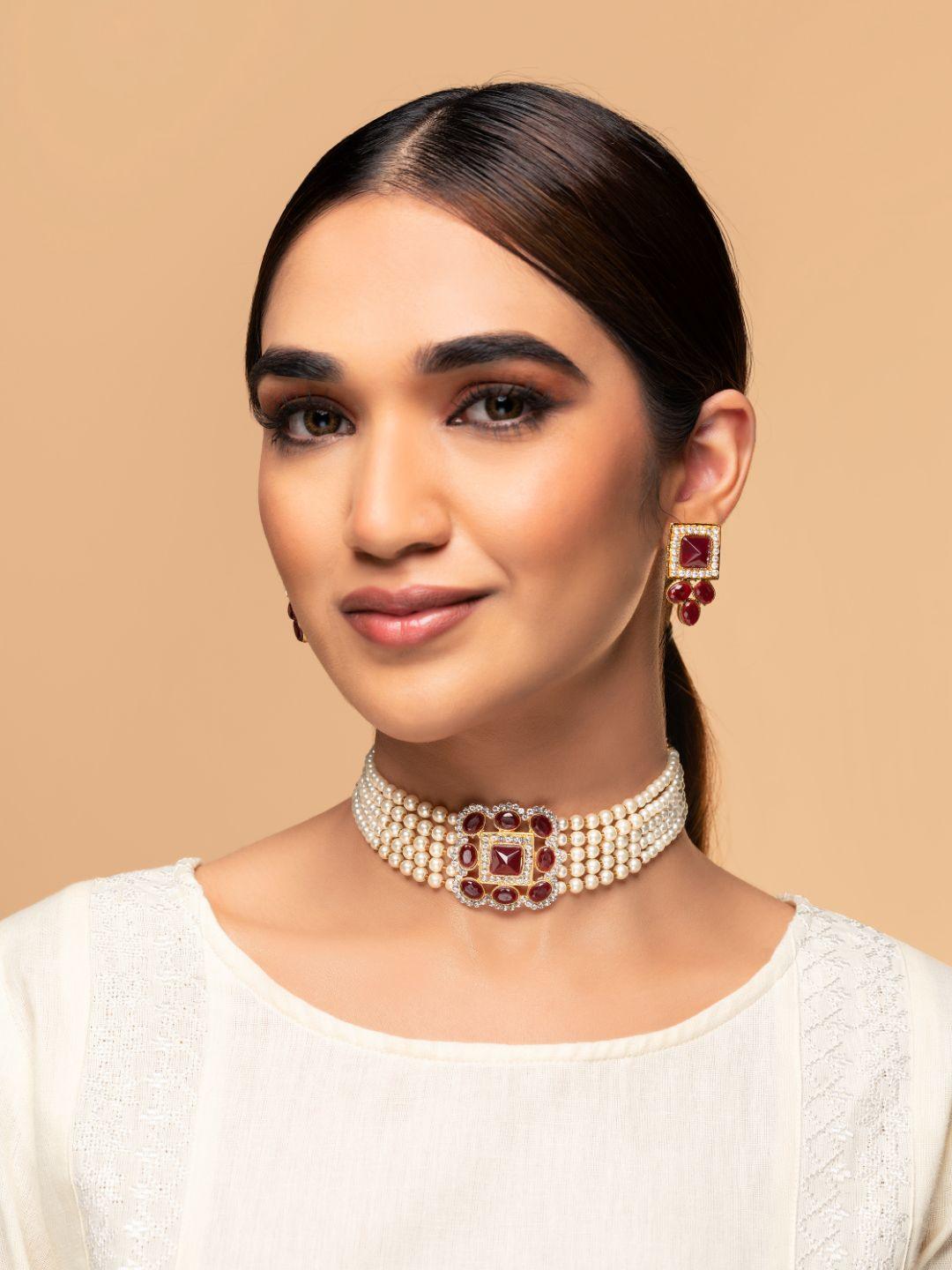 Women's Mahroon Studded Block Pearl Choker Jewellery Set - Priyaasi - Indiakreations