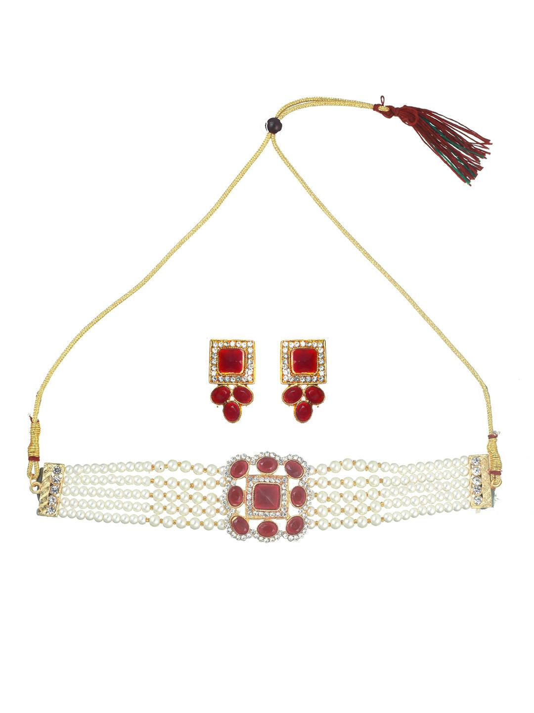 Women's Mahroon Studded Block Pearl Choker Jewellery Set - Priyaasi - Indiakreations