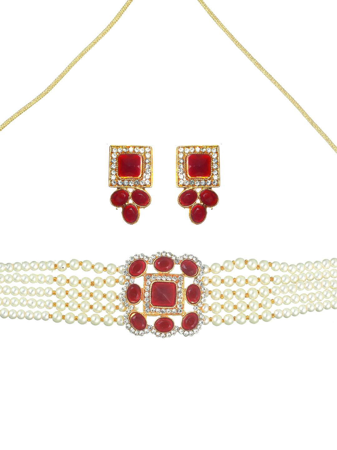 Women's Mahroon Studded Block Pearl Choker Jewellery Set - Priyaasi - Indiakreations