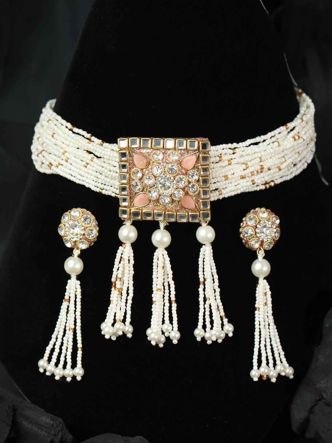 Women's Pink Studded Floral Block Gold Plated Choker Jewellery Set - Priyaasi - Indiakreations