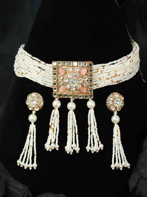 Women's Pink Studded Floral Block Gold Plated Choker Jewellery Set - Priyaasi