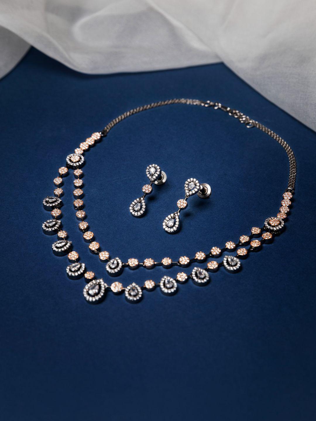 Women's Black Rose Gold Plated AD Studded Dual-Layered Jewellery Set - Priyaasi - Indiakreations