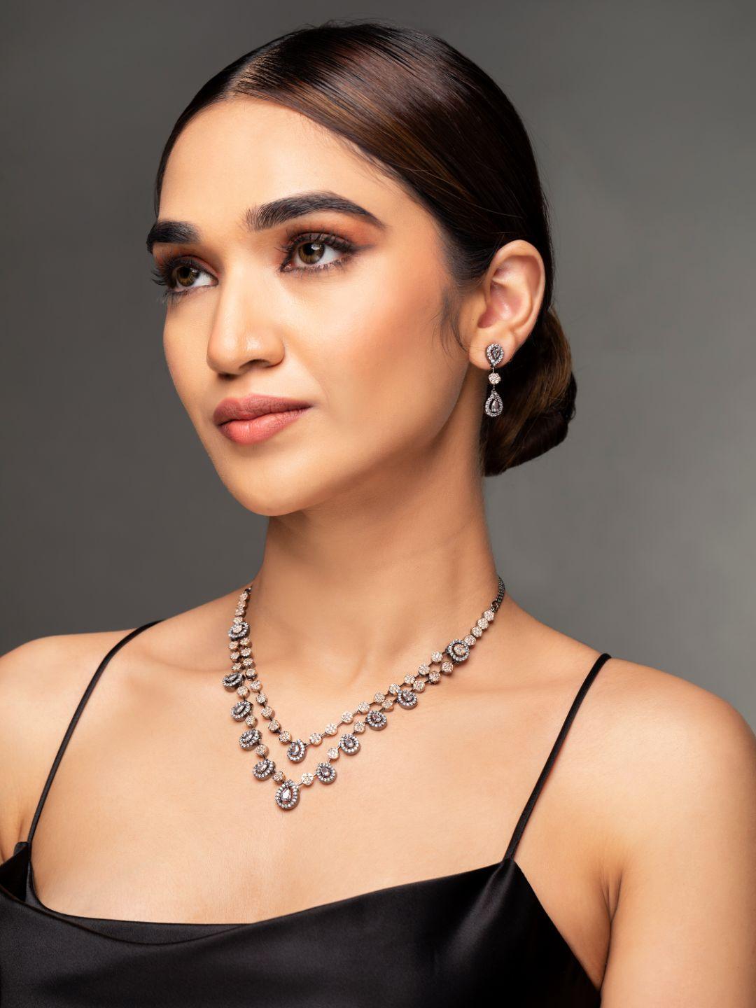 Women's Black Rose Gold Plated AD Studded Dual-Layered Jewellery Set - Priyaasi - Indiakreations