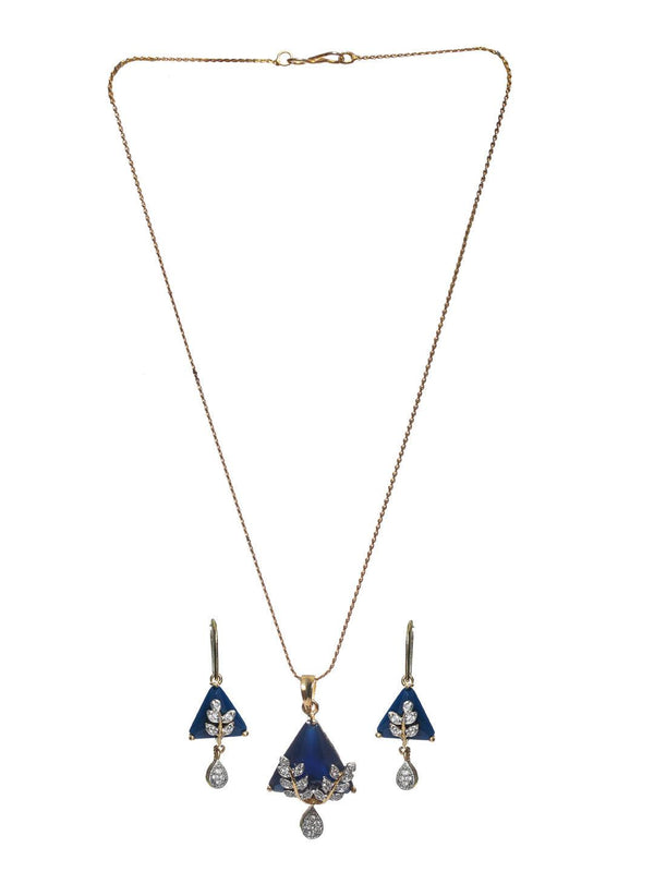 Women's Blue Triangular Floral AD Gold Plated Jewellery Set - Priyaasi - Indiakreations