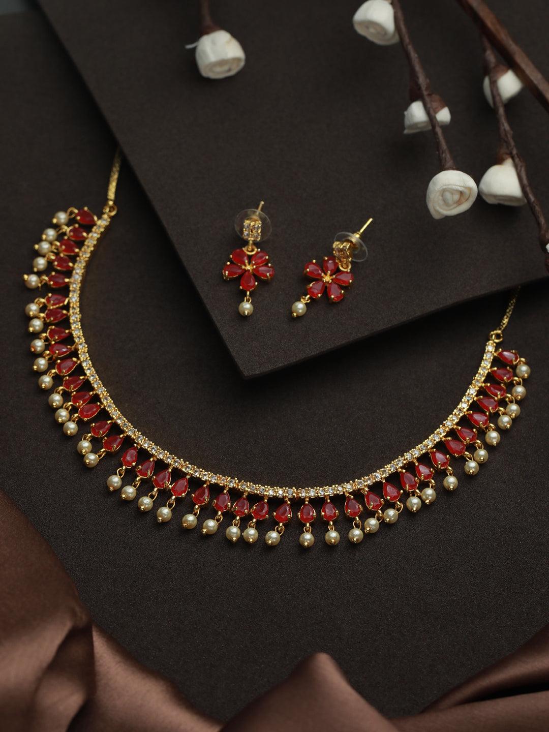 Women's Red Floral Leaf Gold Plated Jewellery Set - Priyaasi - Indiakreations