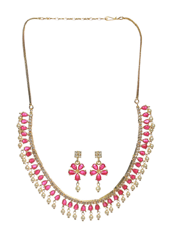 Women's Red Floral Leaf Gold Plated Jewellery Set - Priyaasi