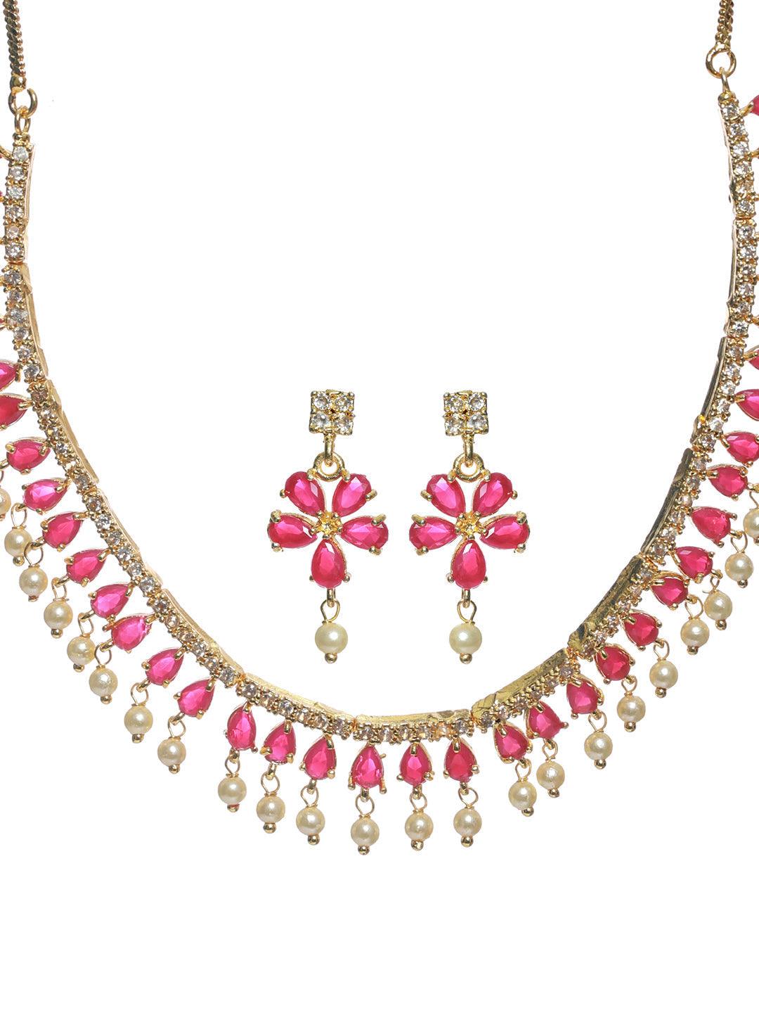 Women's Red Floral Leaf Gold Plated Jewellery Set - Priyaasi - Indiakreations