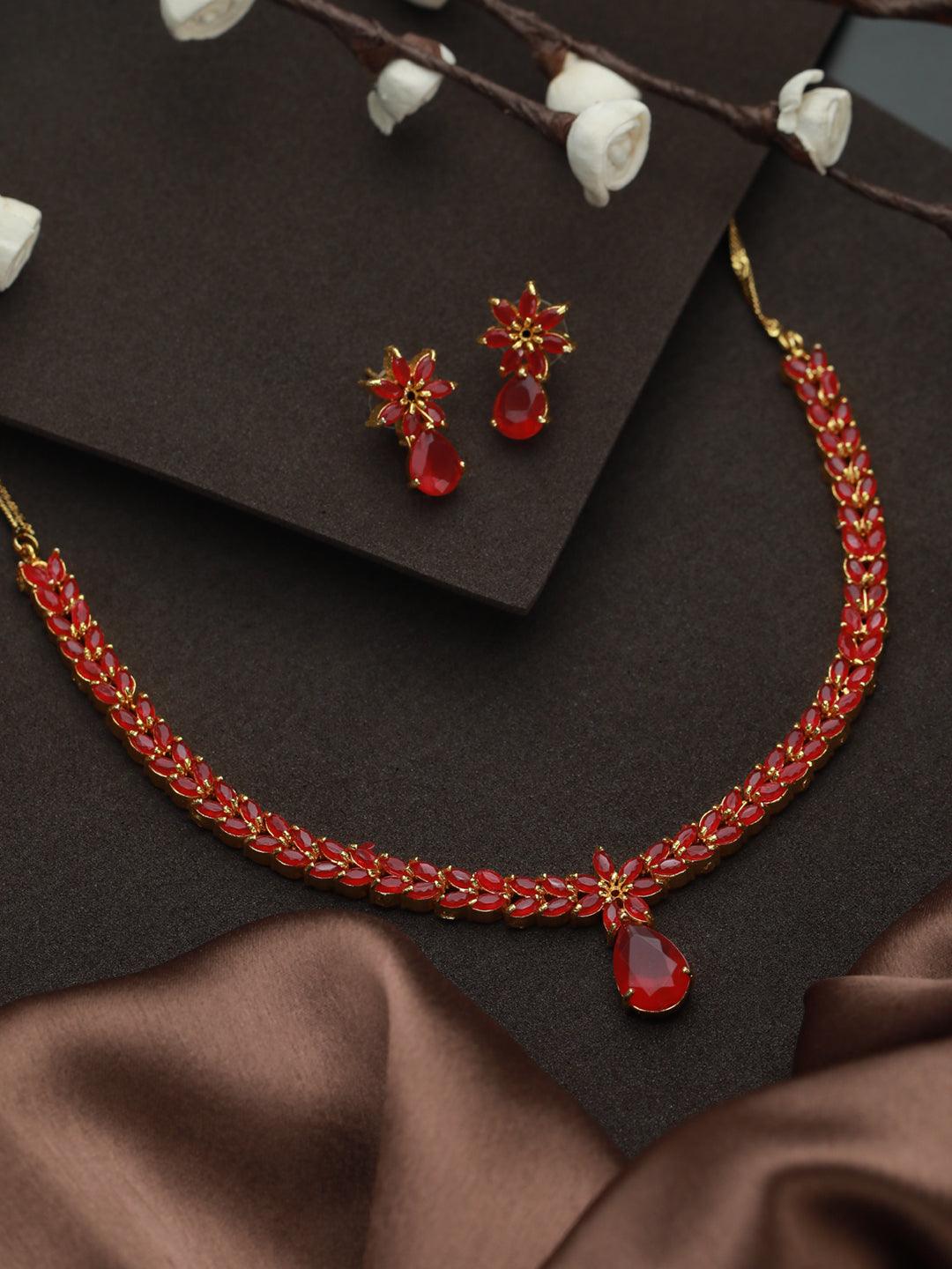 Women's Pink Floral Leaf Gold Plated Jewellery Set - Priyaasi - Indiakreations