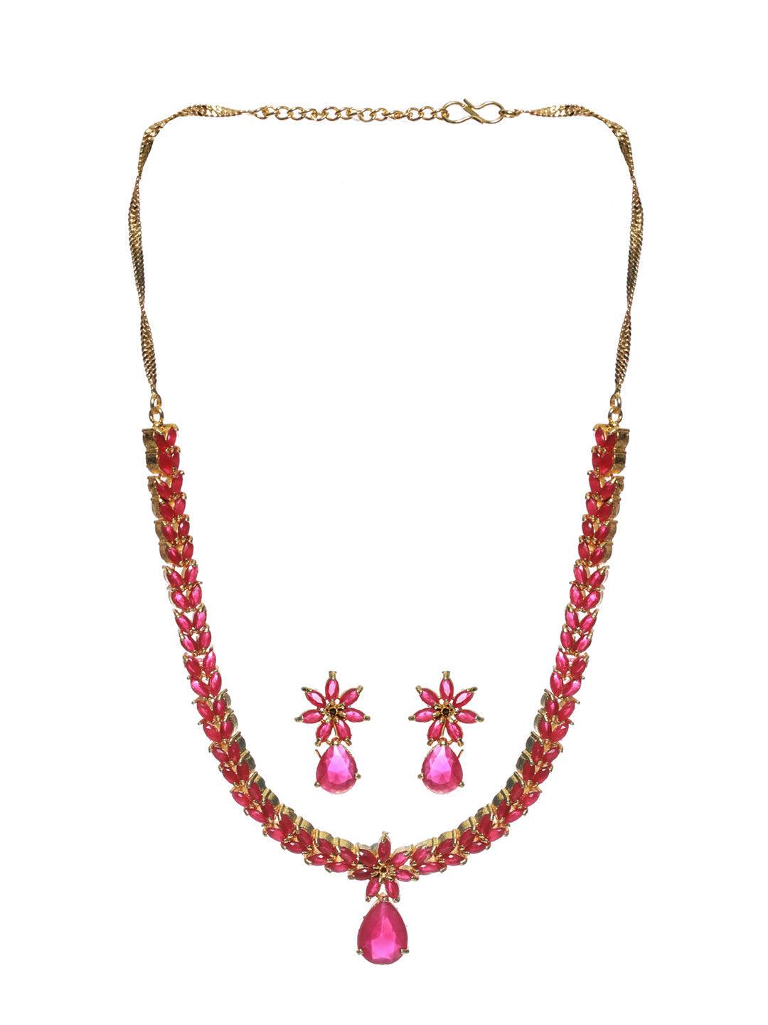 Women's Pink Floral Leaf Gold Plated Jewellery Set - Priyaasi - Indiakreations