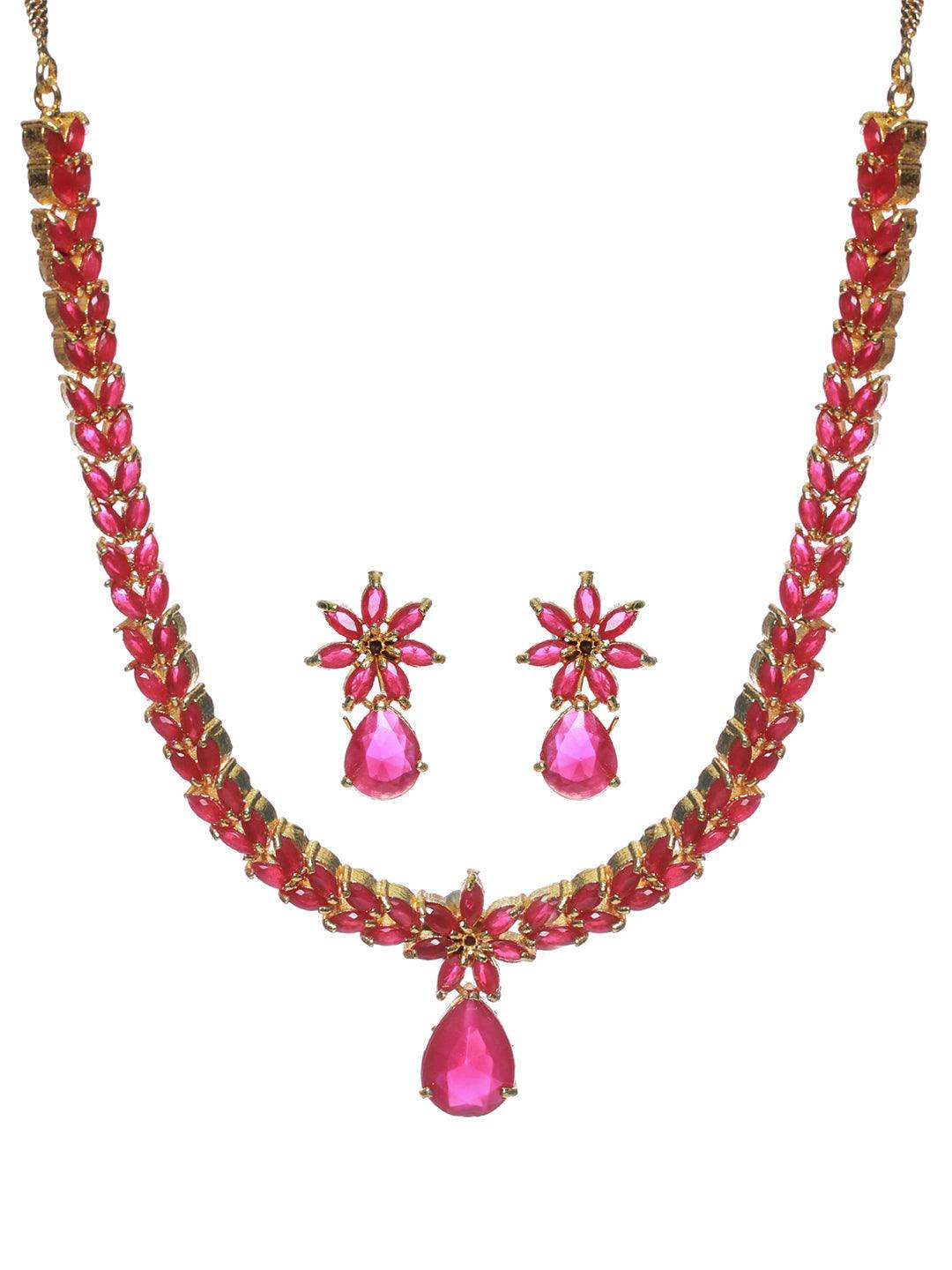 Women's Pink Floral Leaf Gold Plated Jewellery Set - Priyaasi - Indiakreations