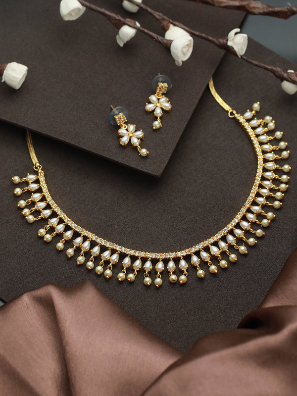 Women's White Pearl American Diamond Gold Plated Jewellery Set - Priyaasi