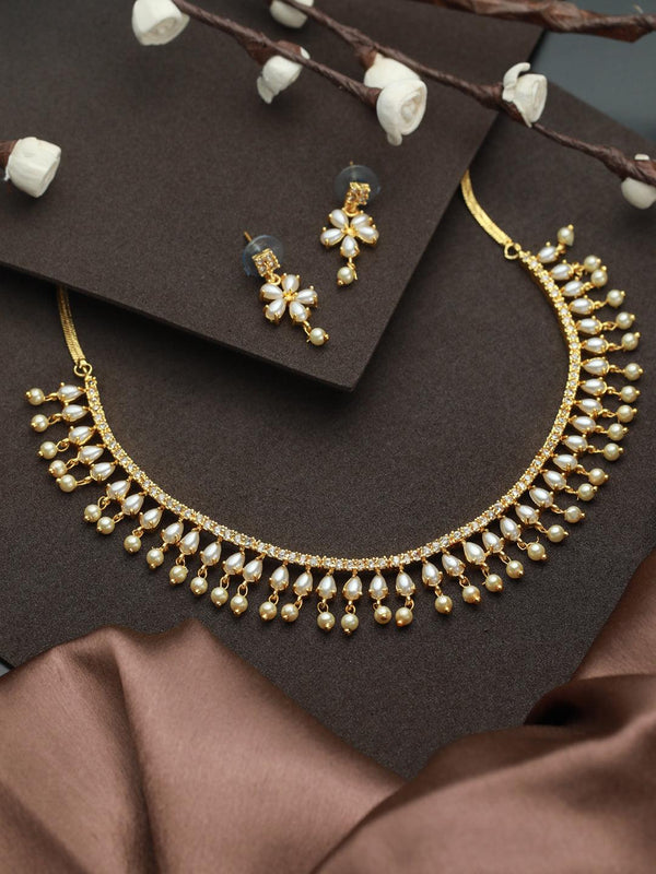 Women's White Pearl American Diamond Gold Plated Jewellery Set - Priyaasi - Indiakreations