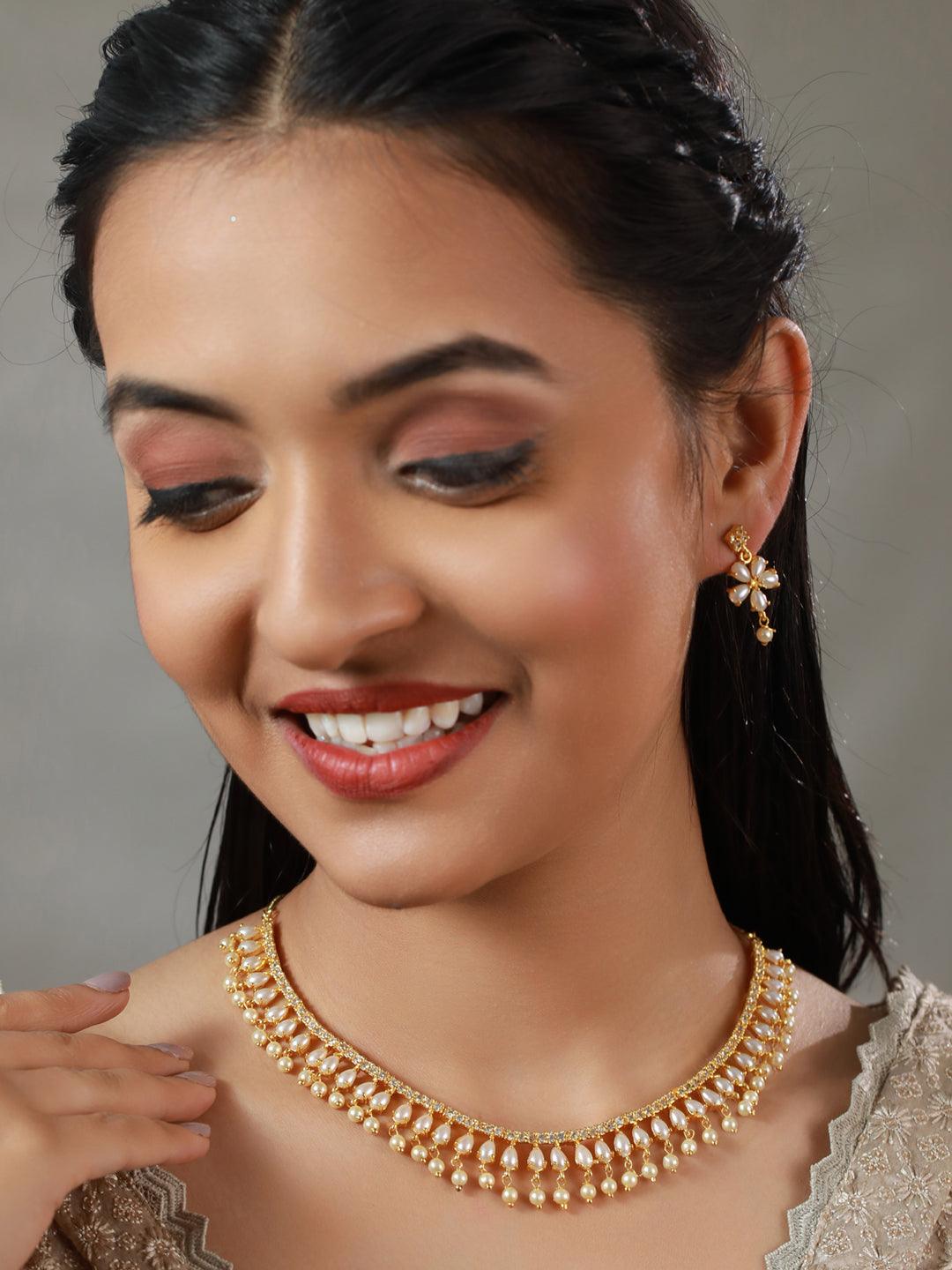 Women's White Pearl American Diamond Gold Plated Jewellery Set - Priyaasi - Indiakreations