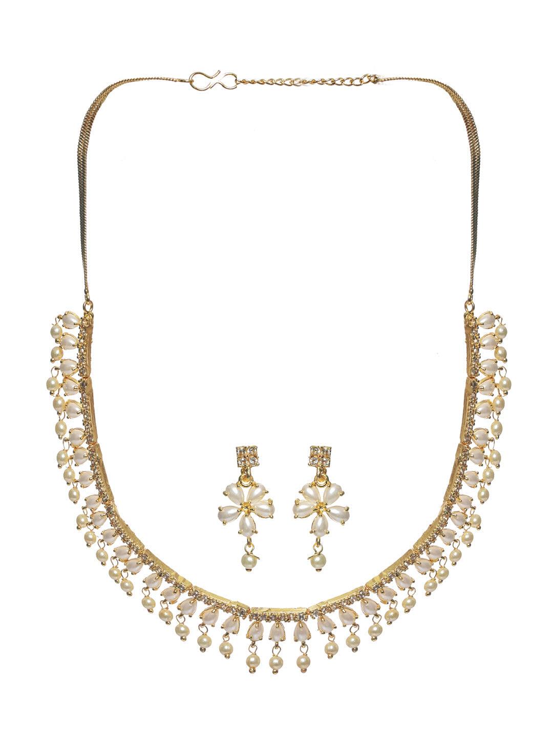 Women's White Pearl American Diamond Gold Plated Jewellery Set - Priyaasi - Indiakreations