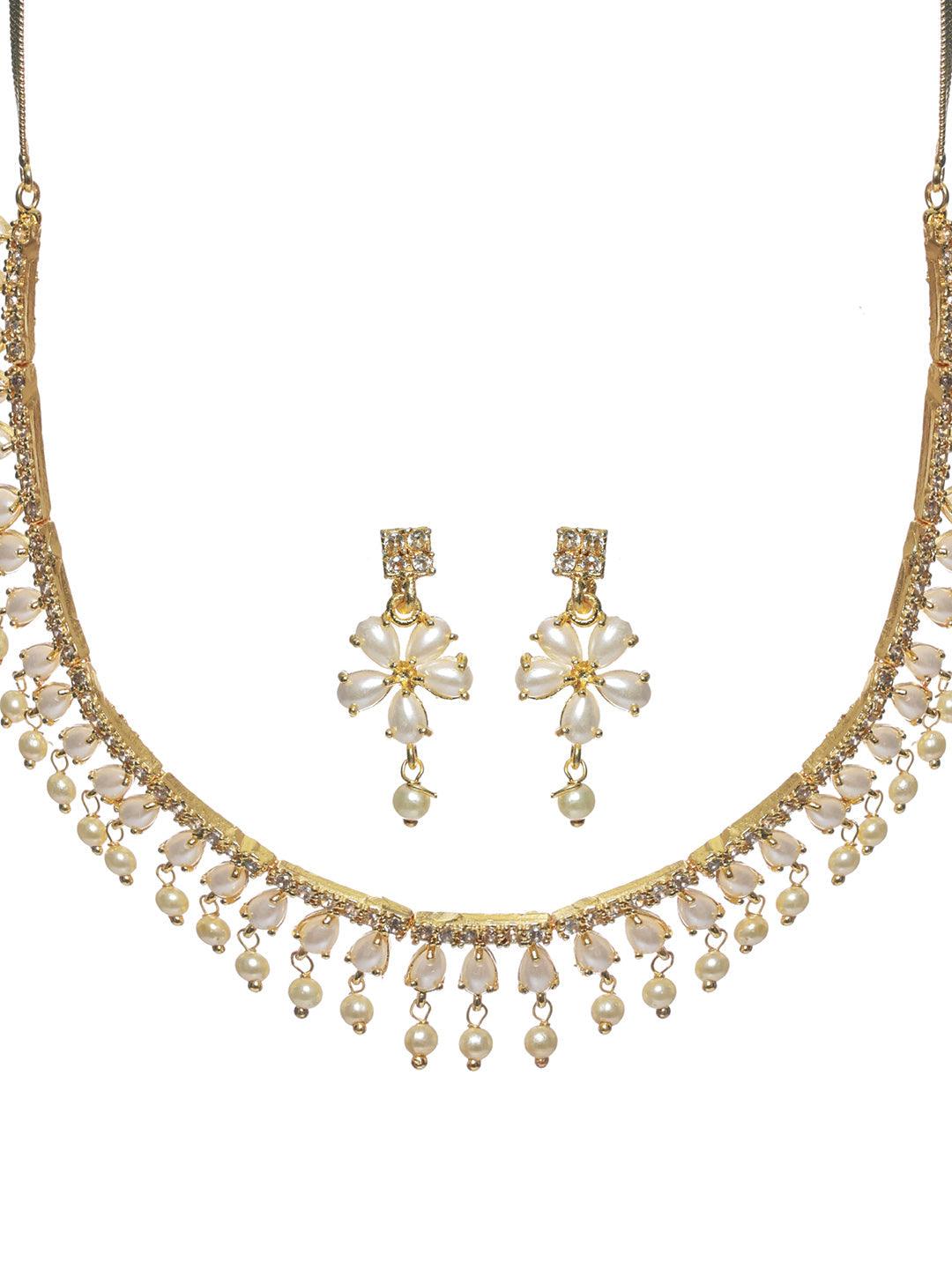 Women's White Pearl American Diamond Gold Plated Jewellery Set - Priyaasi - Indiakreations