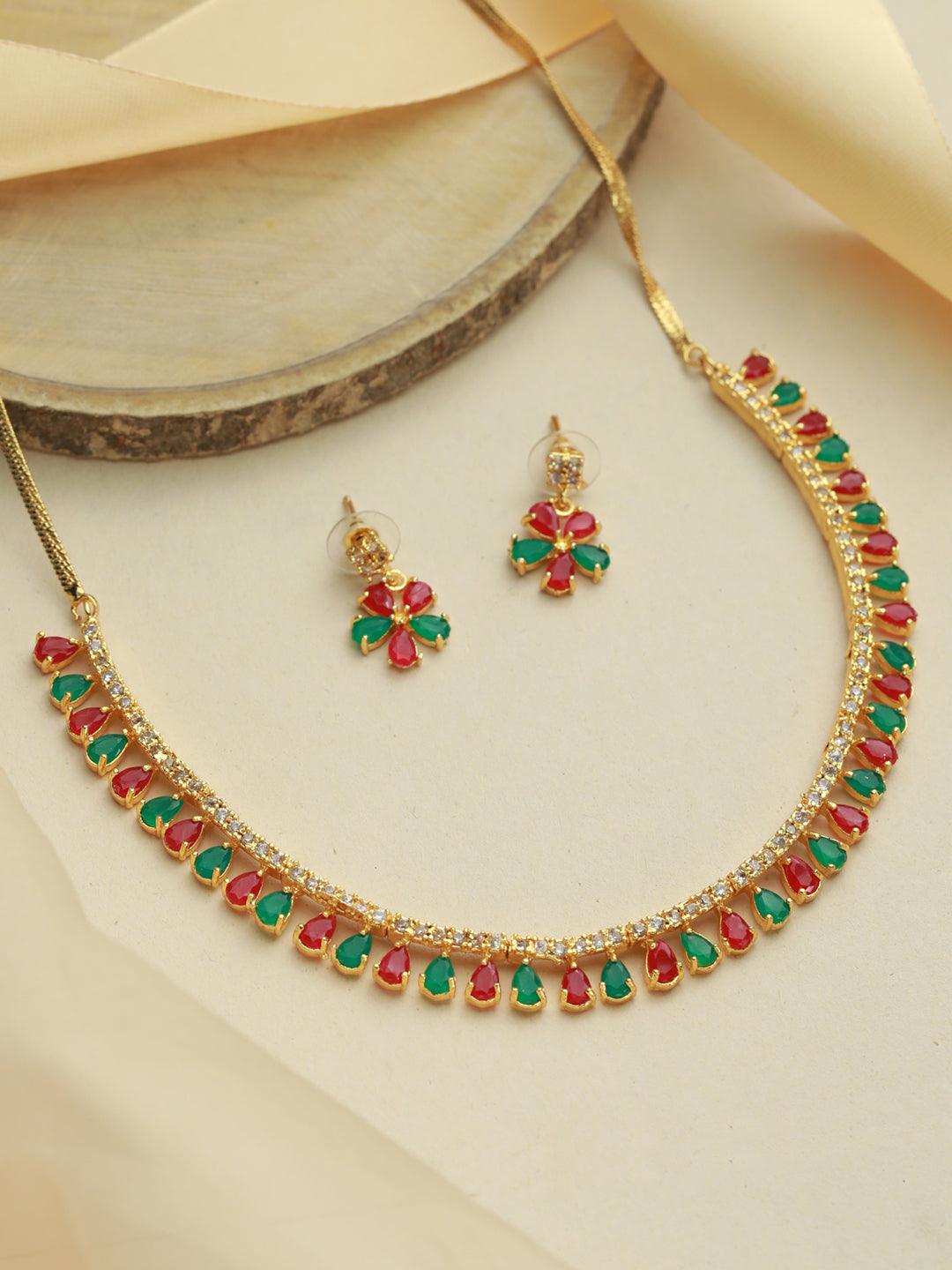 Women's Multicolor Floral Leaf Gold Plated Jewellery Set - Priyaasi - Indiakreations