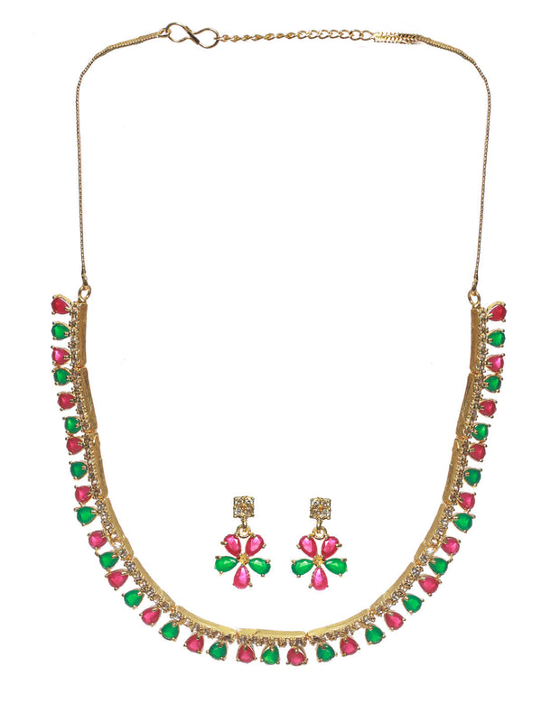 Women's Multicolor Floral Leaf Gold Plated Jewellery Set - Priyaasi