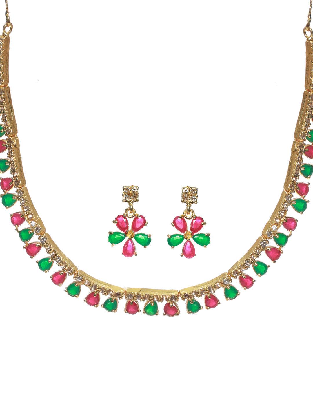 Women's Multicolor Floral Leaf Gold Plated Jewellery Set - Priyaasi - Indiakreations