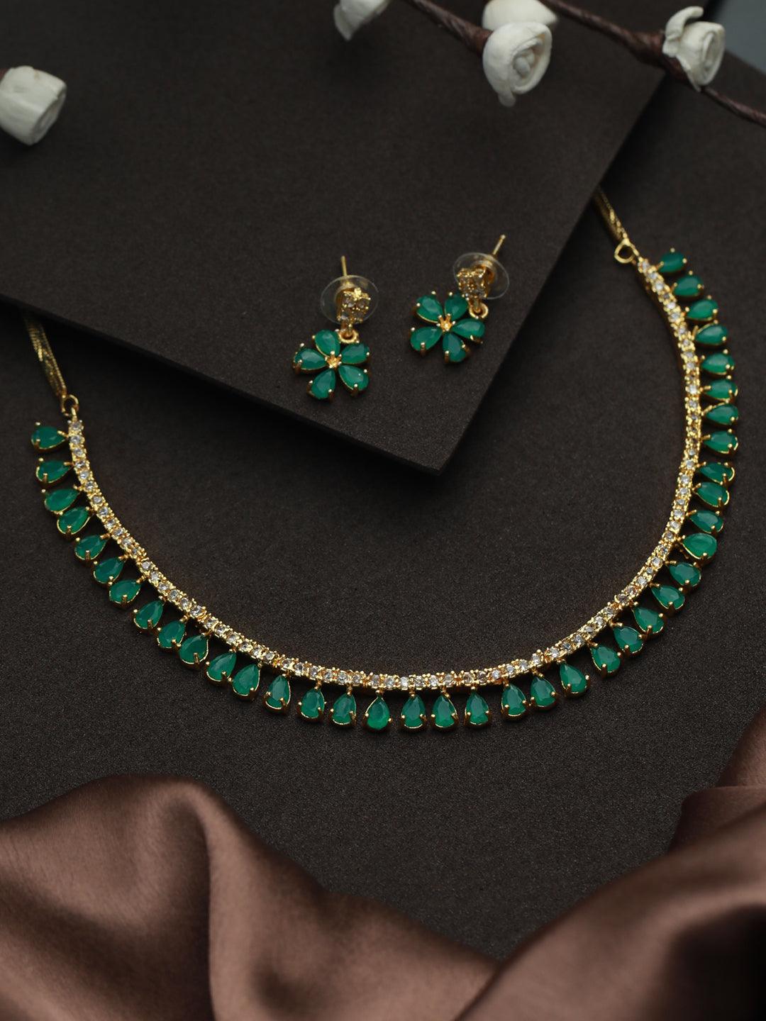 Women's Green Leaf Gold Plated AD Studded Jewellery Set - Priyaasi - Indiakreations