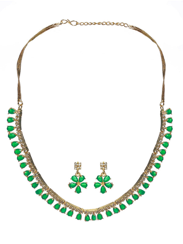 Women's Green Leaf Gold Plated AD Studded Jewellery Set - Priyaasi