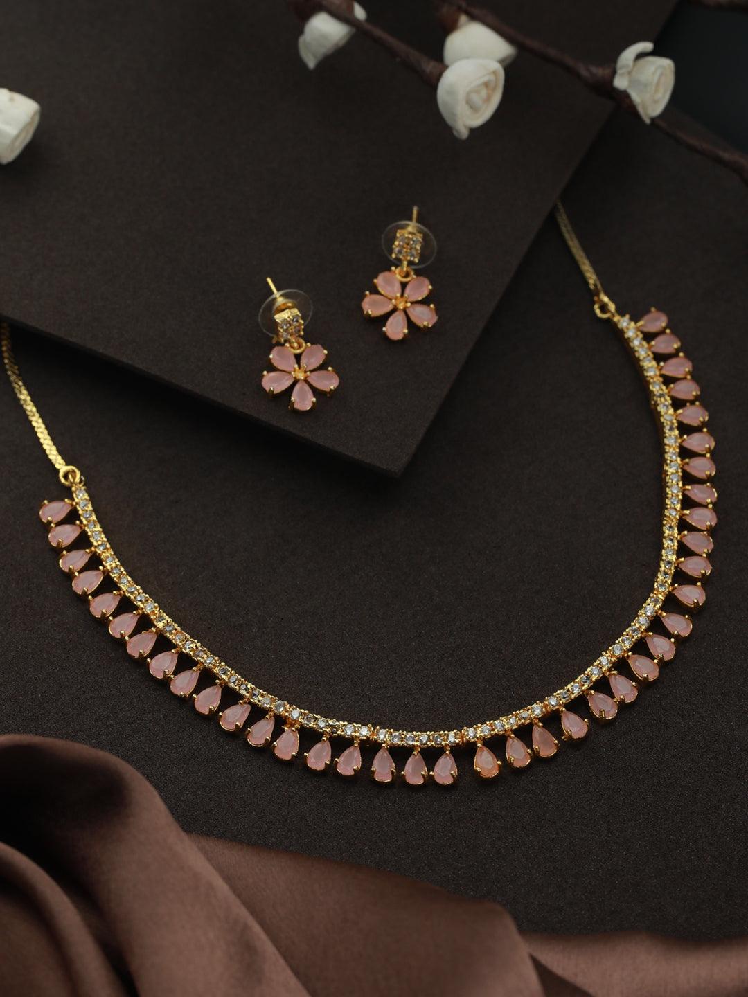 Women's Pink Floral Leaf Gold Plated AD Studded Jewellery Set - Priyaasi - Indiakreations