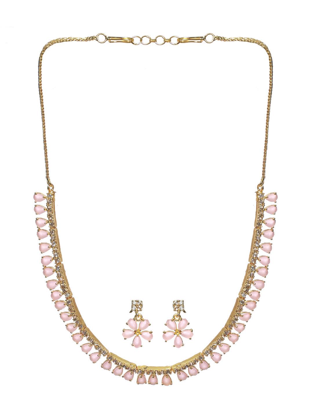 Women's Pink Floral Leaf Gold Plated AD Studded Jewellery Set - Priyaasi - Indiakreations