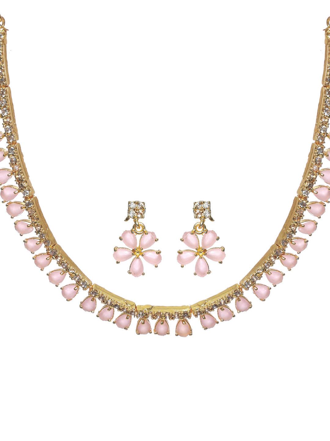 Women's Pink Floral Leaf Gold Plated AD Studded Jewellery Set - Priyaasi - Indiakreations