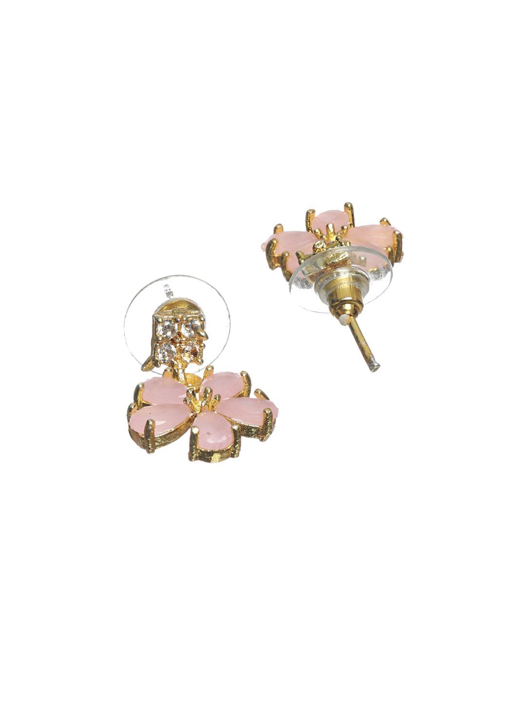 Women's Pink Floral Leaf Gold Plated AD Studded Jewellery Set - Priyaasi - Indiakreations