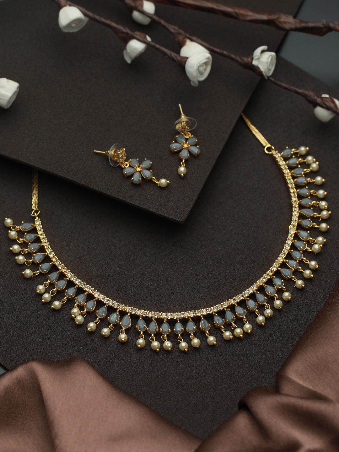 Women's Grey Floral Leaf Gold Plated Jewellery Set - Priyaasi - Indiakreations