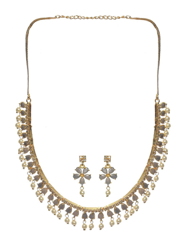 Women's Grey Floral Leaf Gold Plated Jewellery Set - Priyaasi - Indiakreations