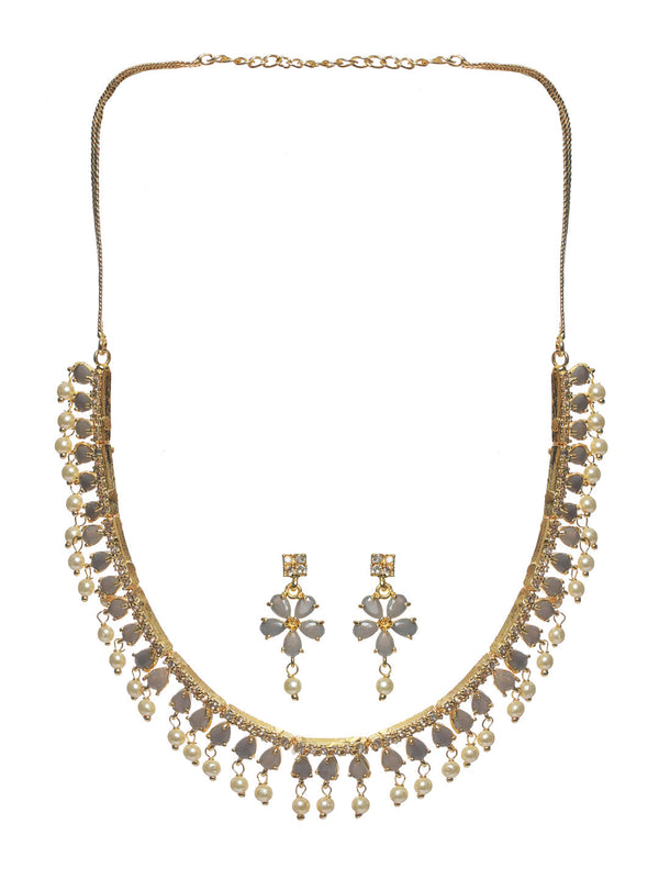 Women's Grey Floral Leaf Gold Plated Jewellery Set - Priyaasi