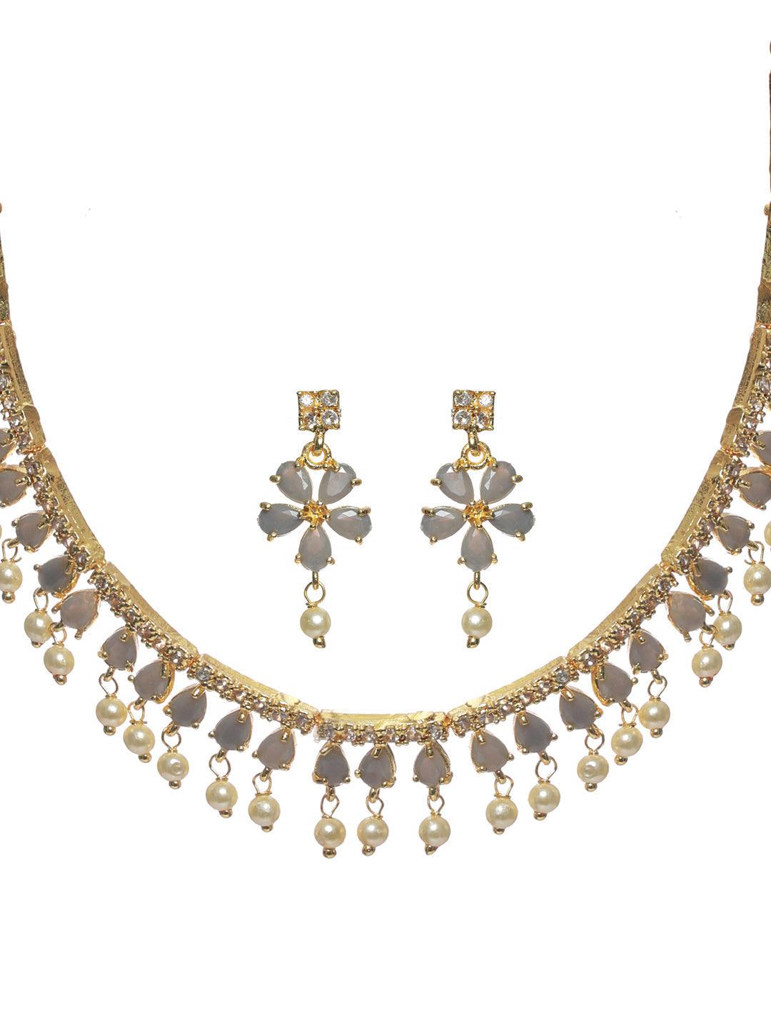 Women's Grey Floral Leaf Gold Plated Jewellery Set - Priyaasi - Indiakreations