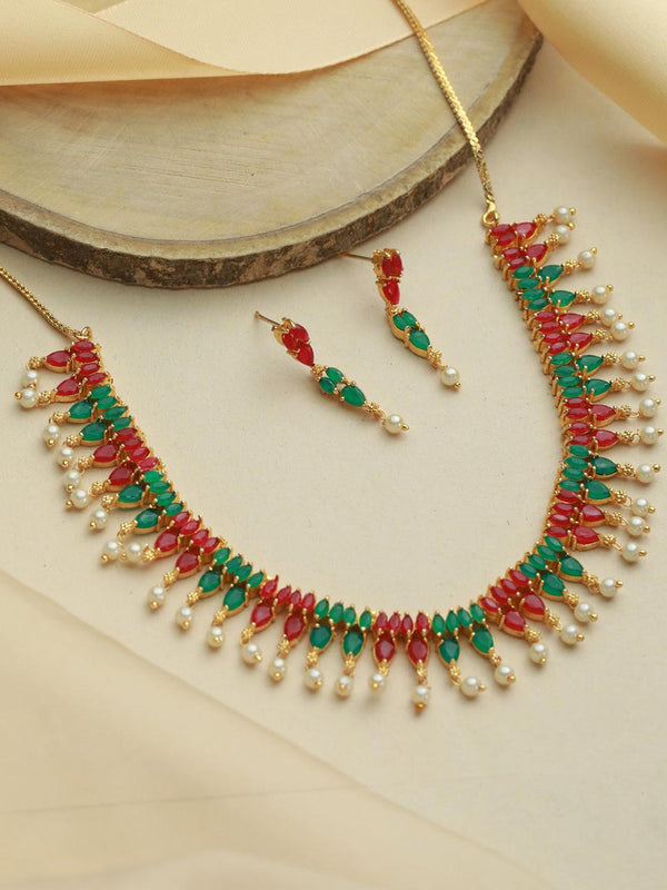 Women's Multicolor Leaf Pattern Gold Plated Jewellery Set - Priyaasi - Indiakreations