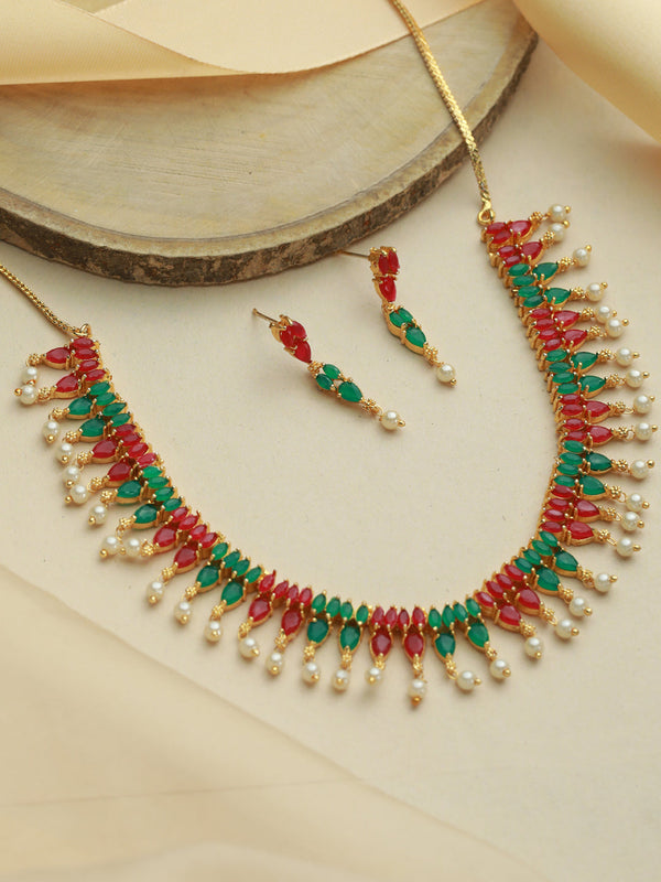 Women's Multicolor Leaf Pattern Gold Plated Jewellery Set - Priyaasi