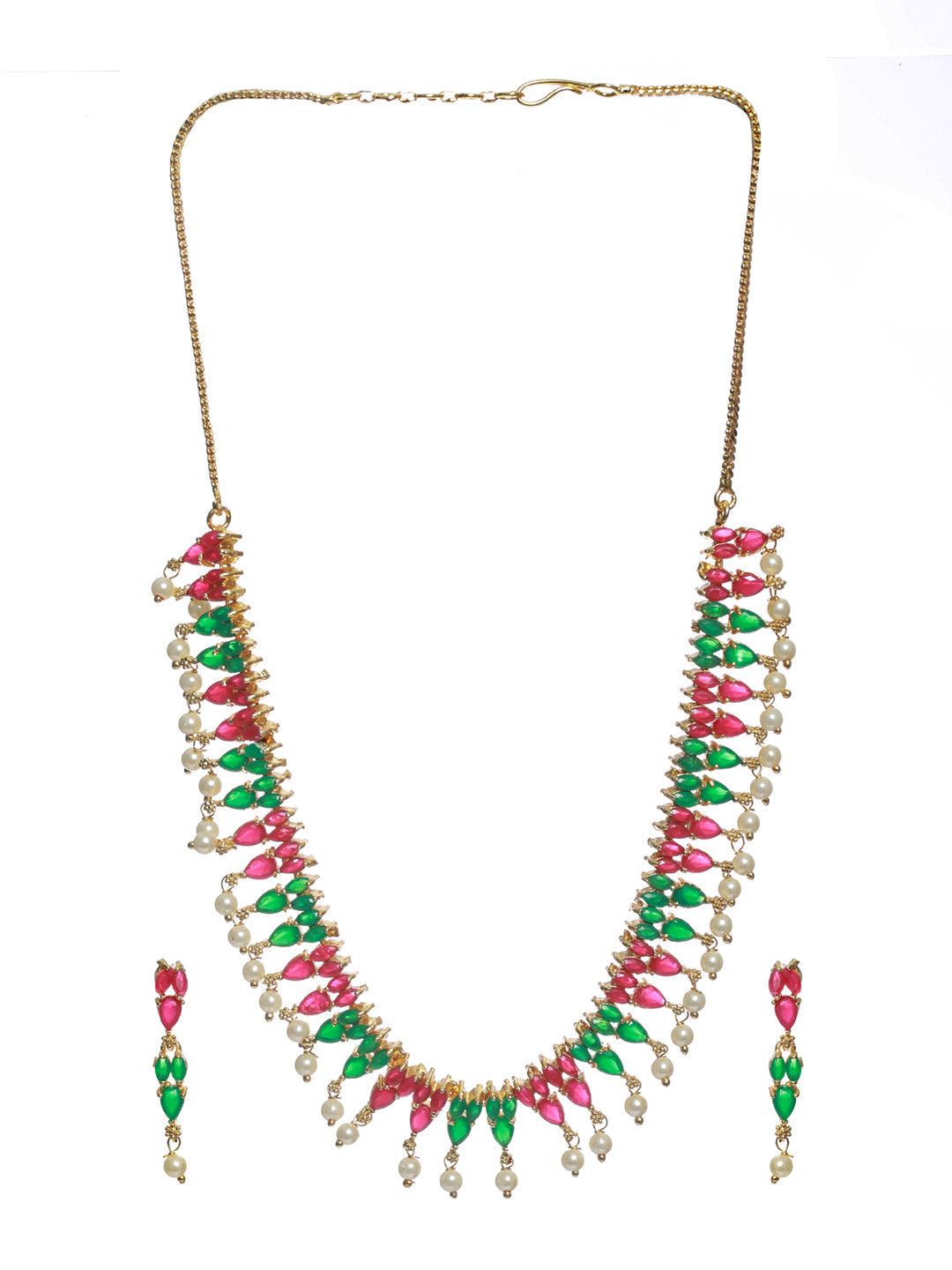 Women's Multicolor Leaf Pattern Gold Plated Jewellery Set - Priyaasi - Indiakreations