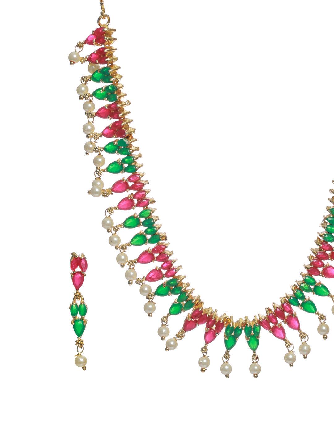 Women's Multicolor Leaf Pattern Gold Plated Jewellery Set - Priyaasi - Indiakreations