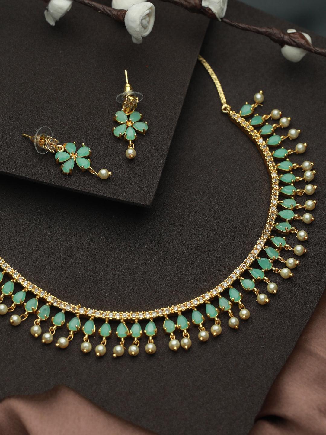 Women's Mint Green Floral Leaf Gold Plated Jewellery Set - Priyaasi - Indiakreations