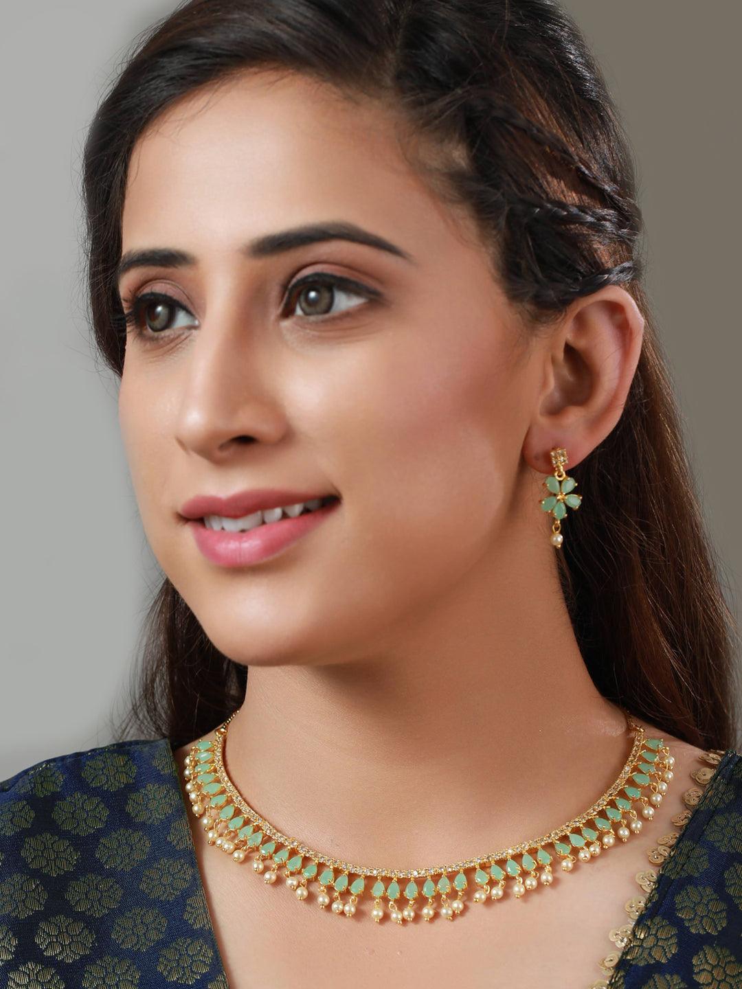 Women's Mint Green Floral Leaf Gold Plated Jewellery Set - Priyaasi - Indiakreations