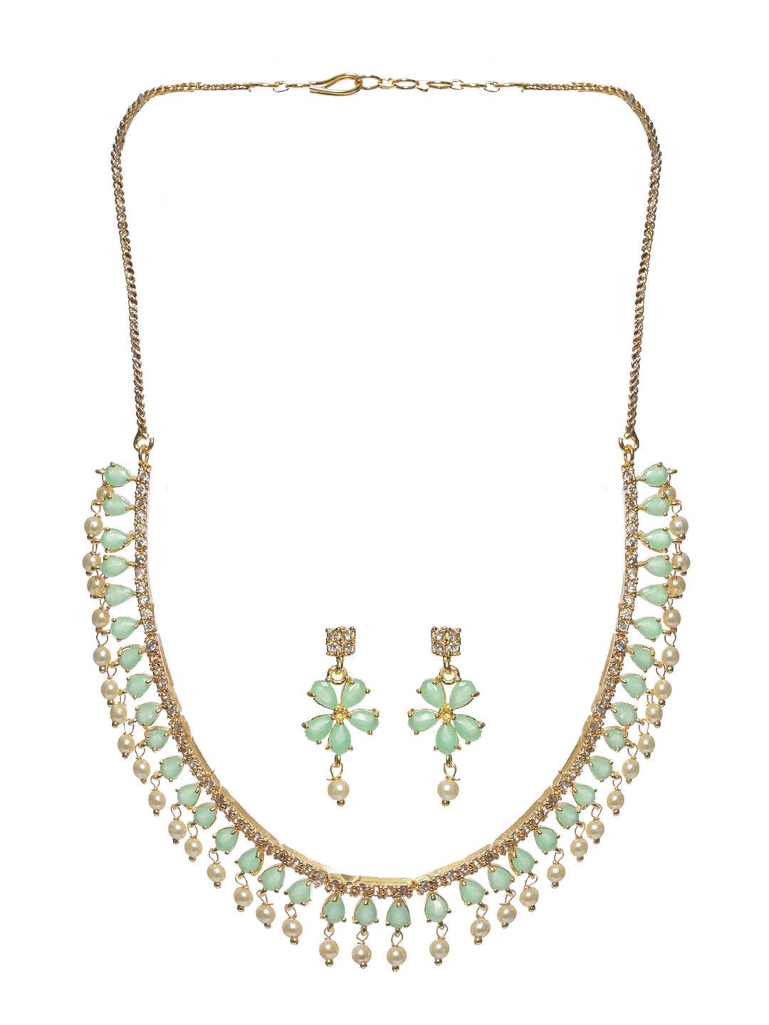 Women's Mint Green Floral Leaf Gold Plated Jewellery Set - Priyaasi - Indiakreations