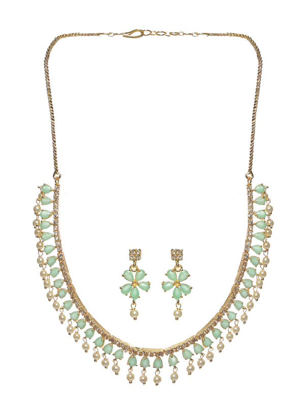 Women's Mint Green Floral Leaf Gold Plated Jewellery Set - Priyaasi