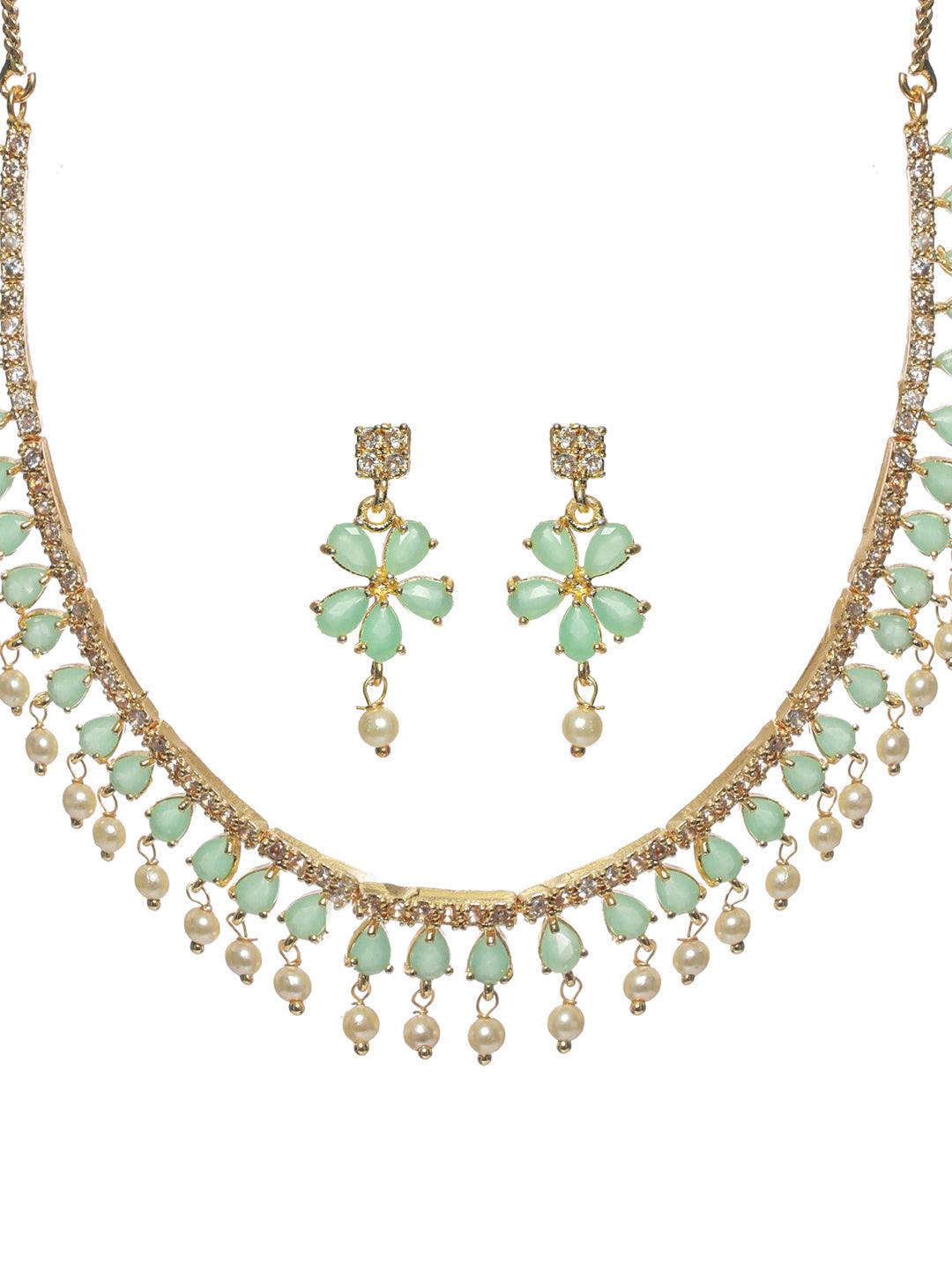 Women's Mint Green Floral Leaf Gold Plated Jewellery Set - Priyaasi - Indiakreations