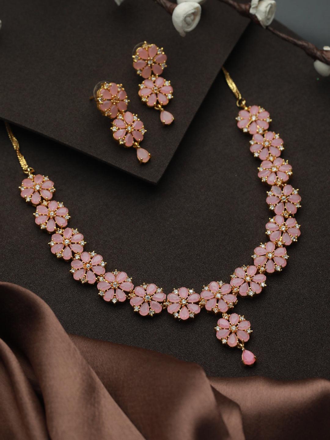 Women's Pink Floral Gold Plated AD Studded Jewellery Set - Priyaasi - Indiakreations