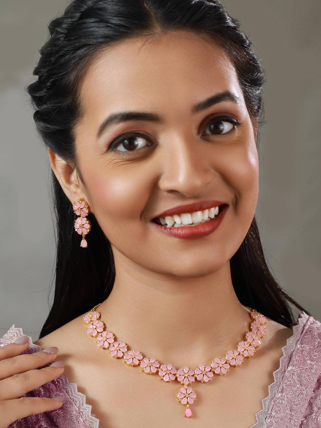 Women's Pink Floral Gold Plated AD Studded Jewellery Set - Priyaasi - Indiakreations