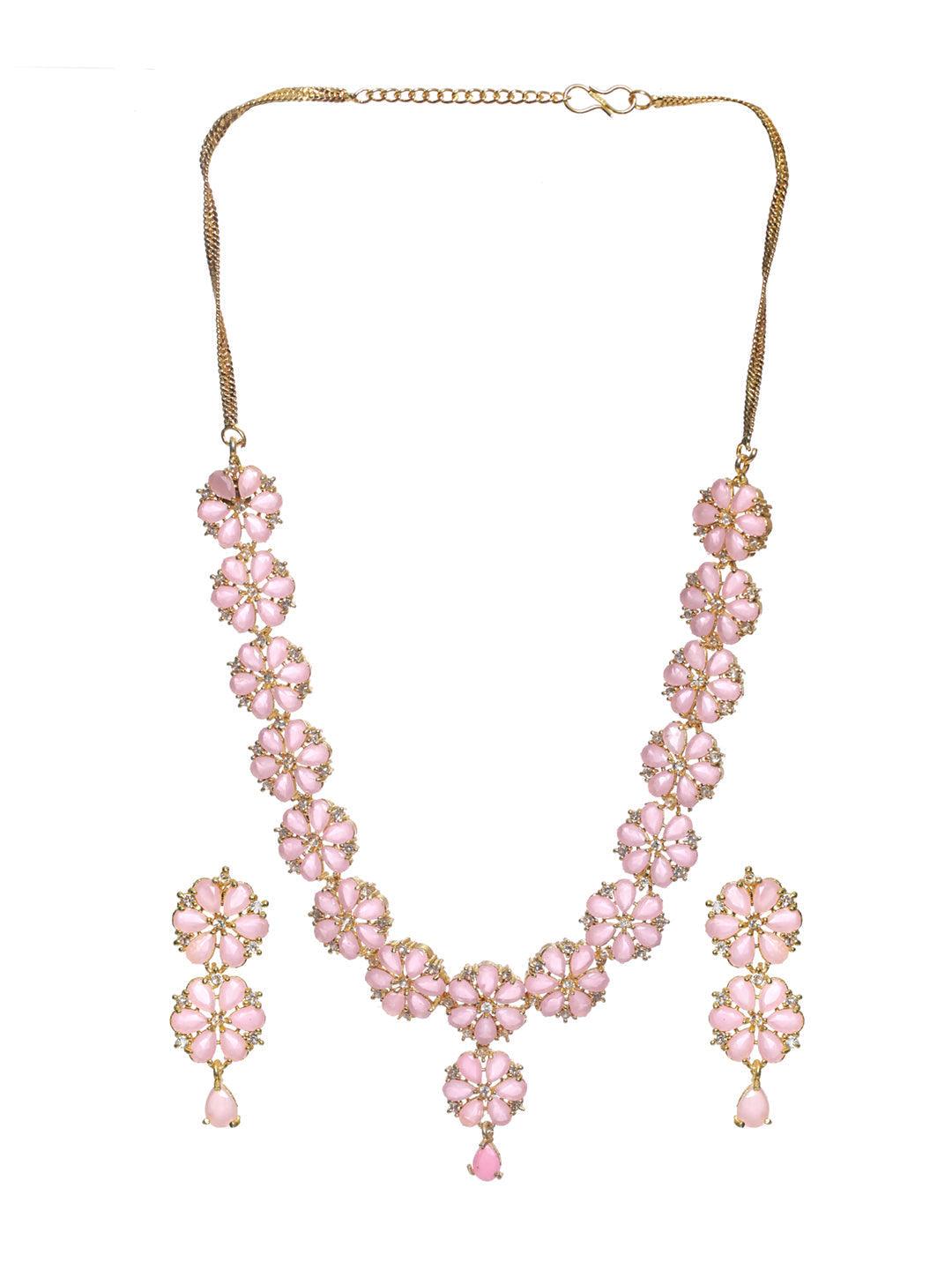 Women's Pink Floral Gold Plated AD Studded Jewellery Set - Priyaasi - Indiakreations