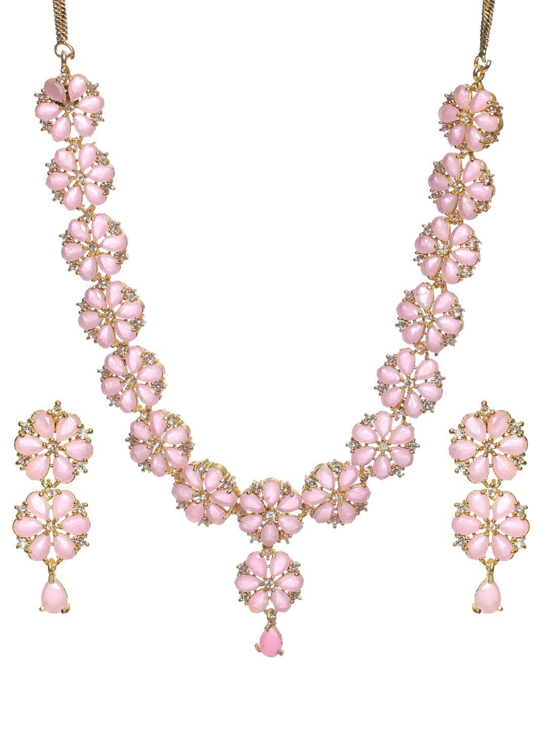 Women's Pink Floral Gold Plated AD Studded Jewellery Set - Priyaasi - Indiakreations