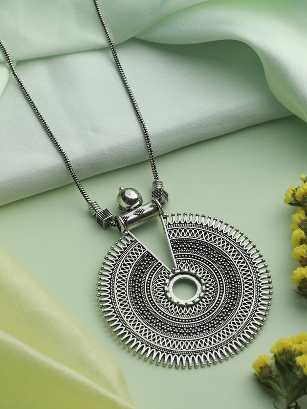 Women's Circular Pattern Geometric Oxidised Silver Necklace - Priyaasi