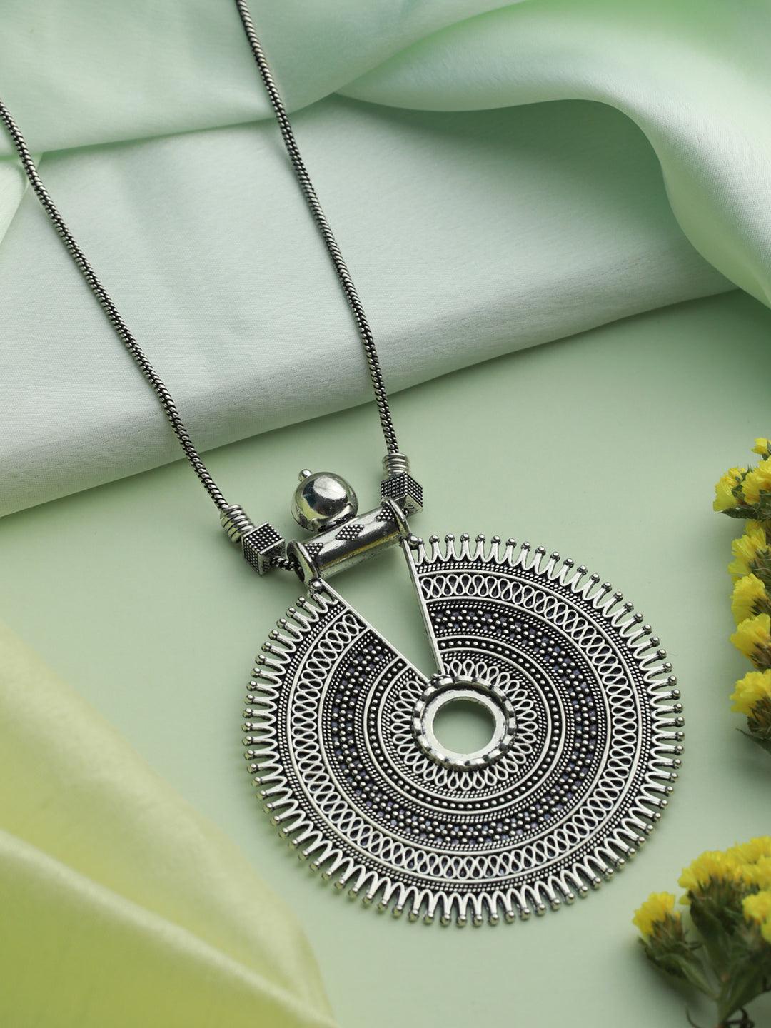 Women's Circular Pattern Geometric Oxidised Silver Necklace - Priyaasi - Indiakreations