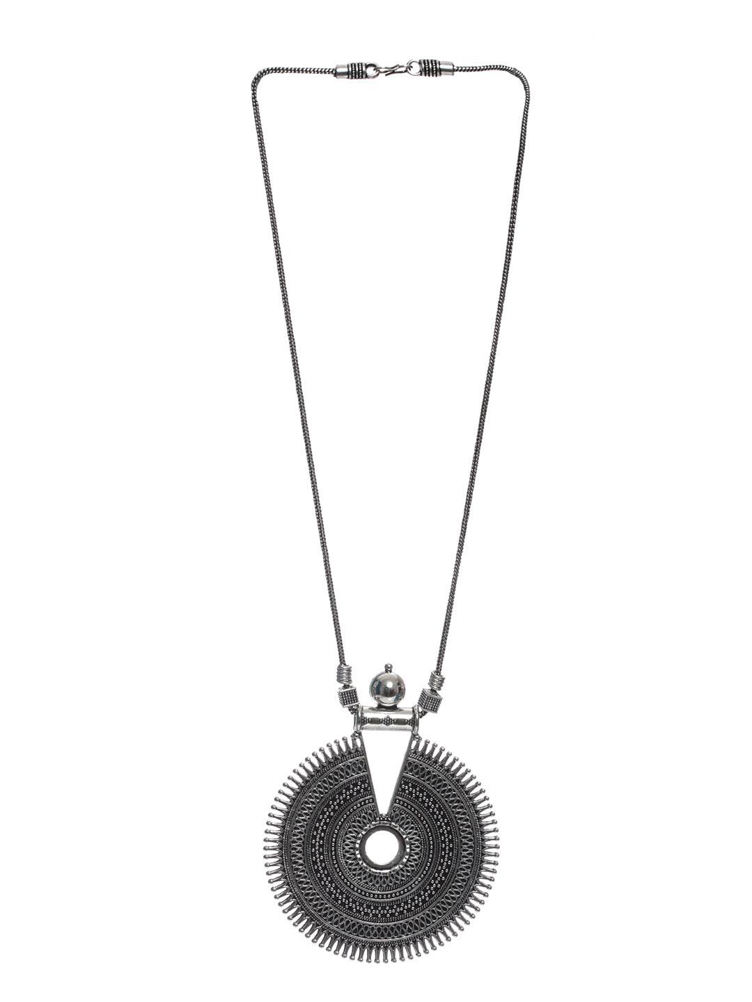 Women's Circular Pattern Geometric Oxidised Silver Necklace - Priyaasi - Indiakreations