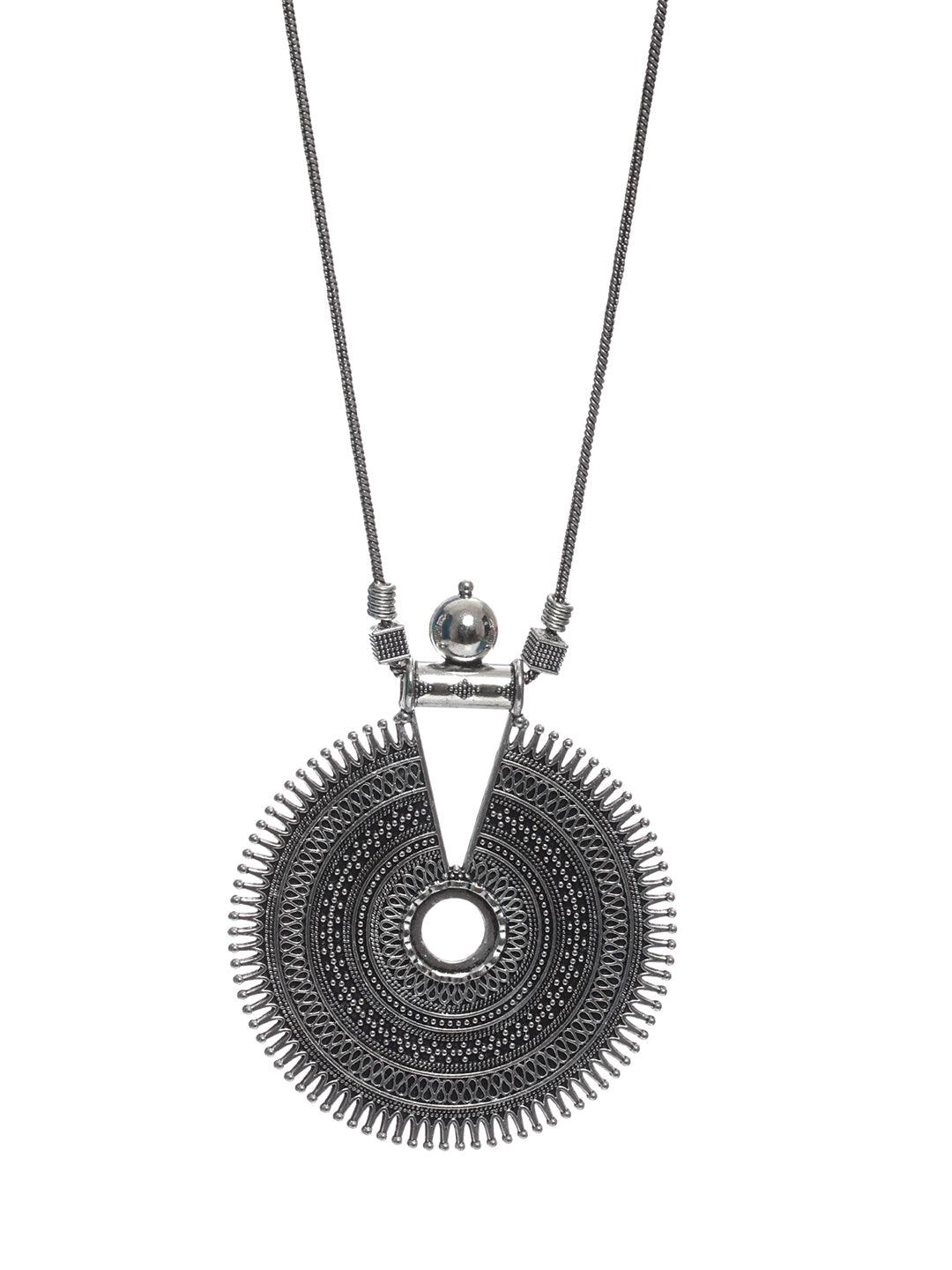 Women's Circular Pattern Geometric Oxidised Silver Necklace - Priyaasi - Indiakreations