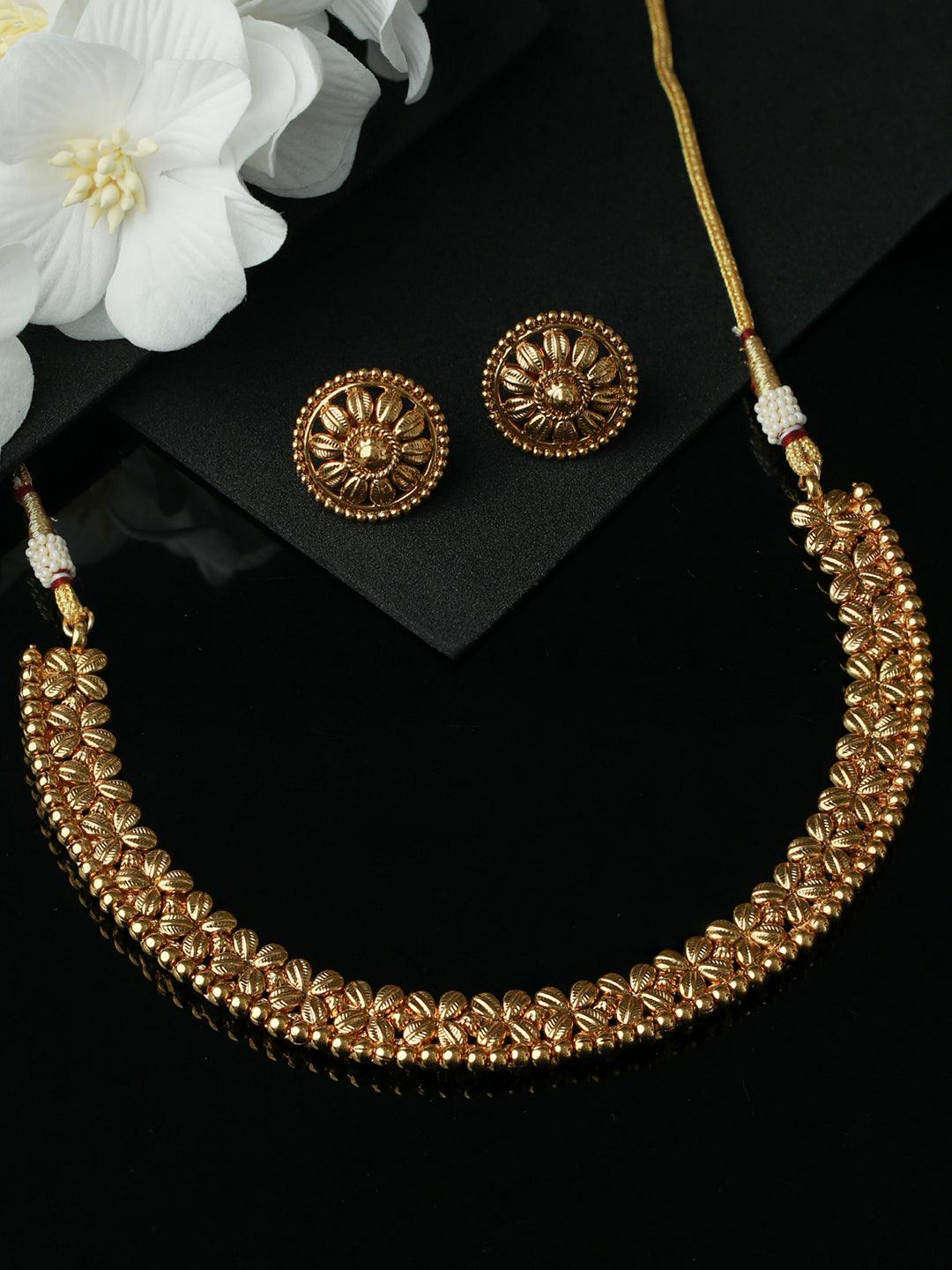 Women's Traditional Floral Pattern Gold Plated Jewellery Set - Priyaasi - Indiakreations